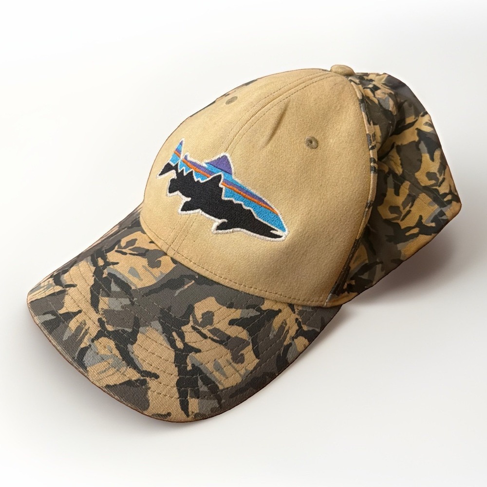 Patagonia Fitz Roy Trout Trucker Hat One Size Brown Camo SnapBack Organic Cotton